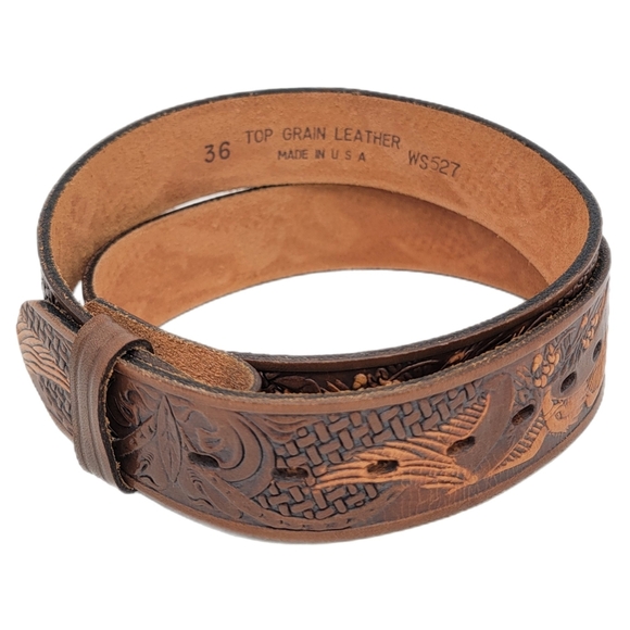 Chambers Eagle Tooled Leather Belt Size 36 Saddle Brown - Picture 4 of 6